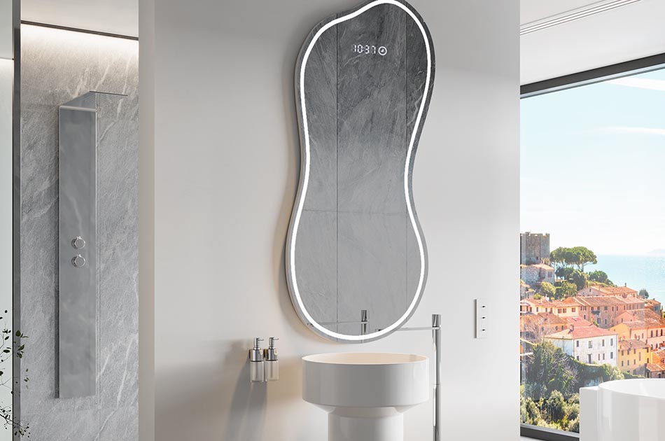Asymmetrischer LED-Spiegel mit sanfter Hintergrundbeleuchtung – asymmetrischer spiegel | ARTFORMA