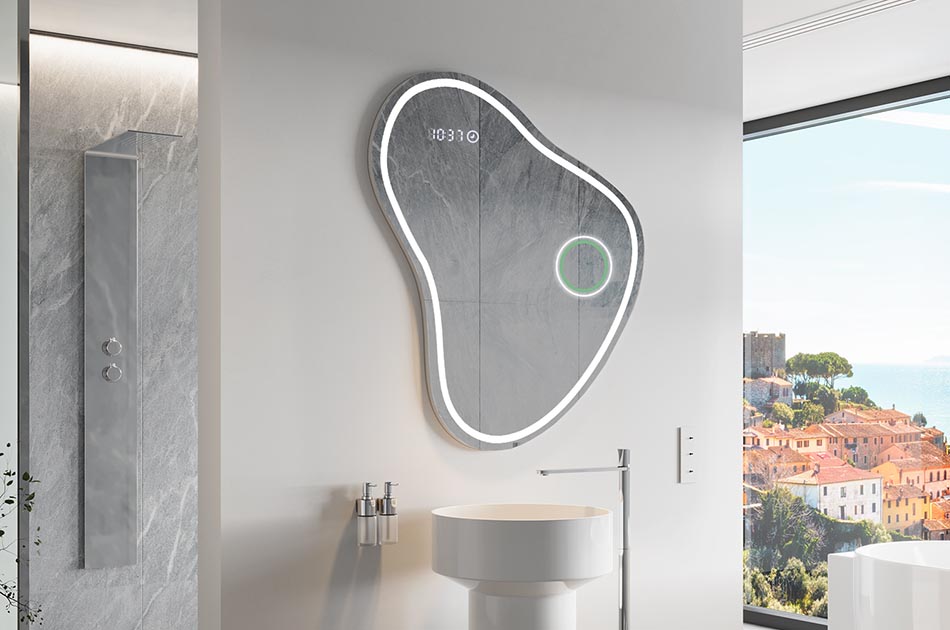 Asymmetrischer LED-Spiegel mit sanfter Hintergrundbeleuchtung – asymmetrischer spiegel | ARTFORMA