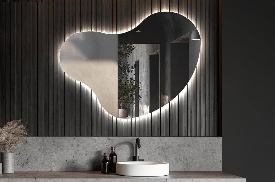 Asymmetrischer LED-Spiegel mit sanfter Hintergrundbeleuchtung – asymmetrischer spiegel | ARTFORMA