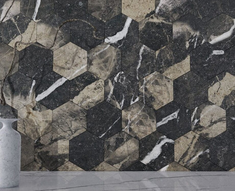Großformatige Feinsteinzeugfliese, 120 x 280 cm, schwarz, glänzend, mit goldenen Adern, rektifiziert, A4H195 Pierre Black