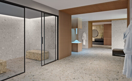 Glasierte Feinsteinzeugfliesen für den Boden, 120 x 280 cm, beige, Terrazzo, matt, rektifiziert, A4H406 Ceppo Di Gre Warm