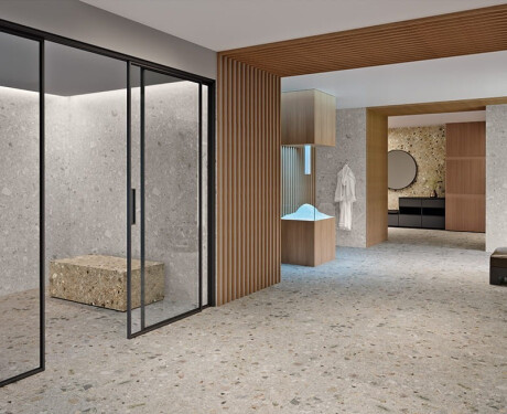 Glasierte Feinsteinzeugfliesen für den Boden, 120 x 280 cm, beige, Terrazzo, matt, rektifiziert, A4H406 Ceppo Di Gre Warm