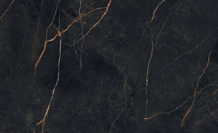 Feinsteinzeug „Bookmatch“ 120 x 280, schwarzer Marmor mit goldenen Adern, glänzend, A4H473 Sant Loreno