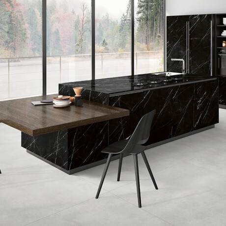 Großformatige Feinsteinzeugfliesen 120 x 280, schwarzer Marmor mit weißen Adern, glänzend, A4H687 Markina Black #7