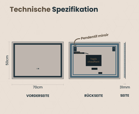 Rechteckiger Badspiegel 70x50cm mit LED Beleuchtung mit Dual color, Touch Schalter, Heizmatte - L49 #6