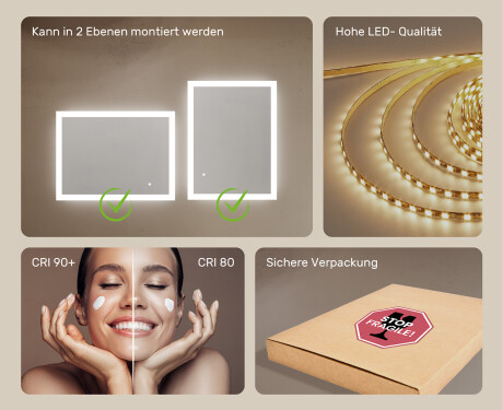 Badspiegel rechteckig mit Beleuchtung LED 80x60cm mit Dual color, Touch Schalter #5
