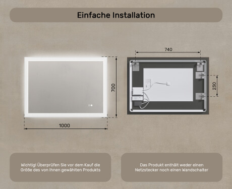 Rechteckiger Spiegel für Bad mit Beleuchtung LED 100x70cm mit Dual color, Touch Schalter, Heizmatte #8