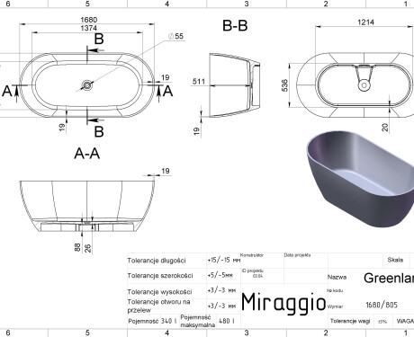 Badewanne GREENLAND 1680 MIRASOFT