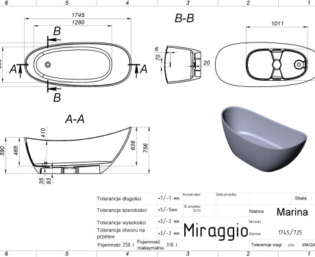 Badewanne MARINA MIRASOFT