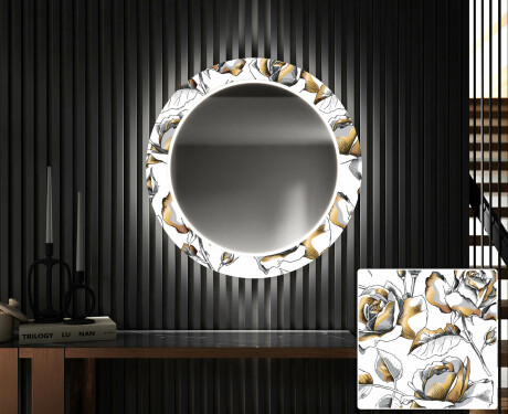 Runder dekorativer Spiegel mit LED-Beleuchtung für den Flur - Golden Flowers #1