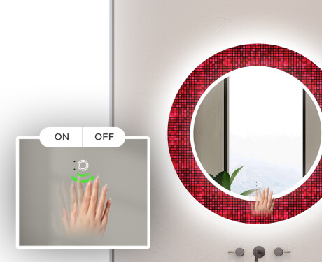 Runder dekorativer Spiegel mit LED-Beleuchtung für das Badezimmer - Red Mosaic #5