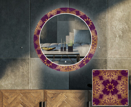 Runder dekorativer Spiegel mit LED-Beleuchtung für das Wohnzimmer - Gold Mandala #1