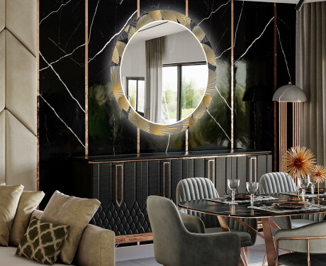 Runder dekorativer Spiegel mit LED-Beleuchtung für das Esszimmer - Golden Leaves #2