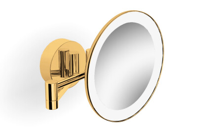 Kosmetikspiegel mit 3-facher Vergrößerung, rund, LED-Beleuchtung (warm/kalt), schwenkbar, doppelter beweglicher Arm / goldglänzend