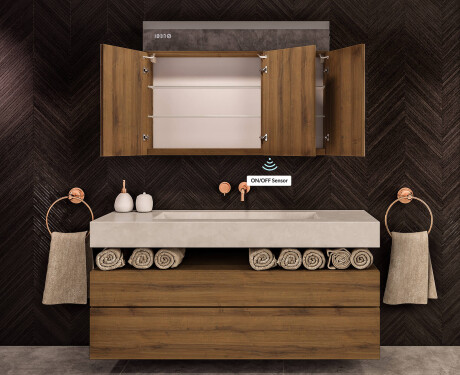 Hängender Badezimmerschrank mit LED-Spiegel L02 Emily 100 x 72 cm in der Farbe Uralte Eiche #8